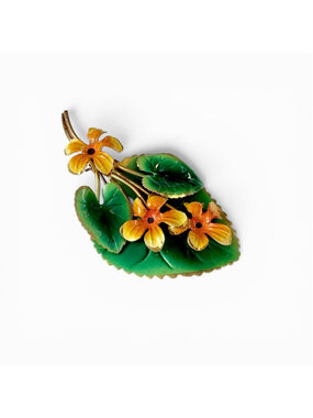 Vintage Austrian Enamel Flower Brooch Signed Austra Brass Floral Pin Green Leaf